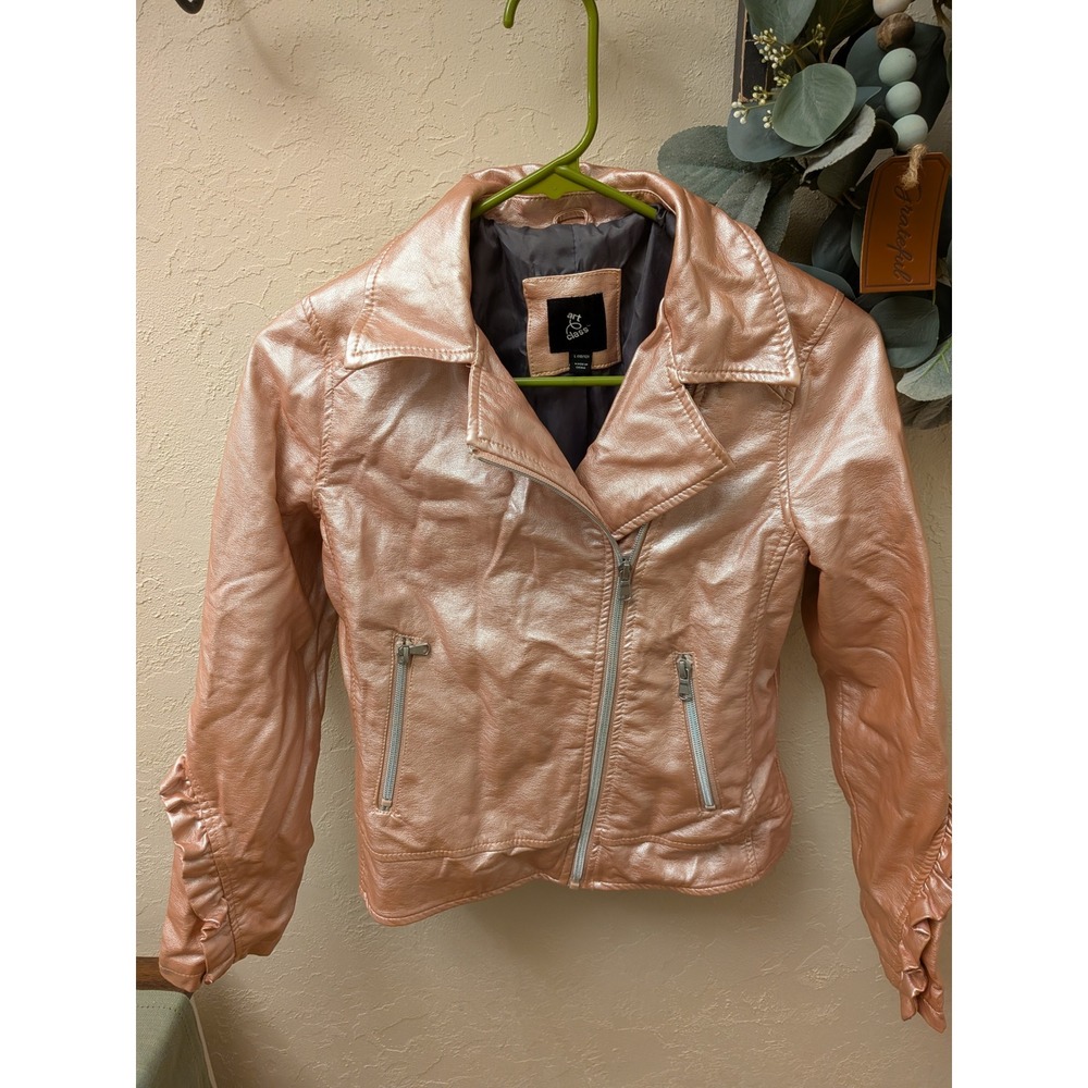 Art Class Kids Girls Rose Gold Metallic Faux Leather Moto Jacket Size L 10/12‎